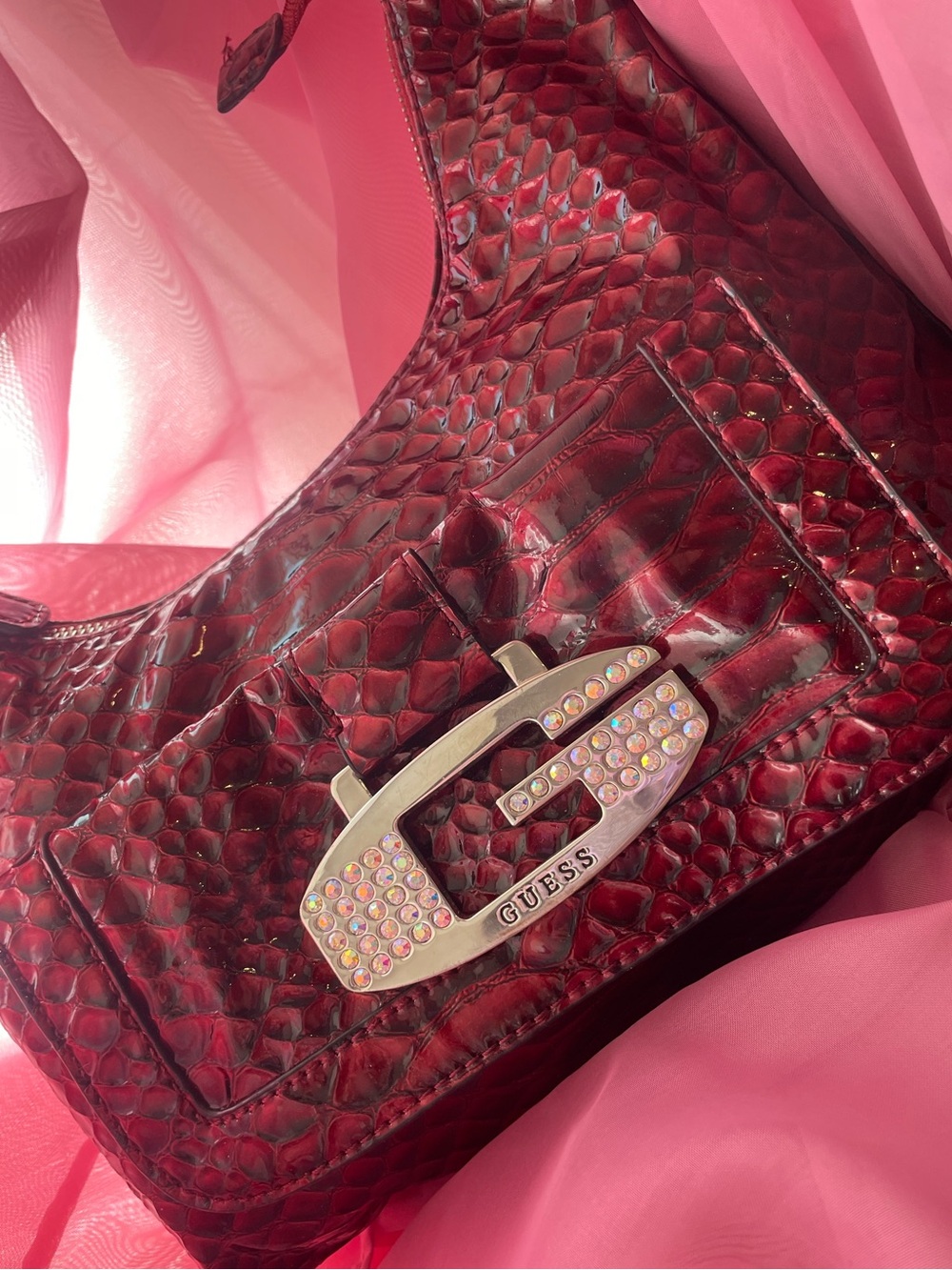 Vintage GUESS McBling Y2K Burgundy Croc Leather Rhinestone G Shoulder Bag